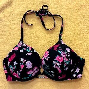 Victoria's Secret Halter Bikini Top Womens 32B Black Floral Butterfly Excellent